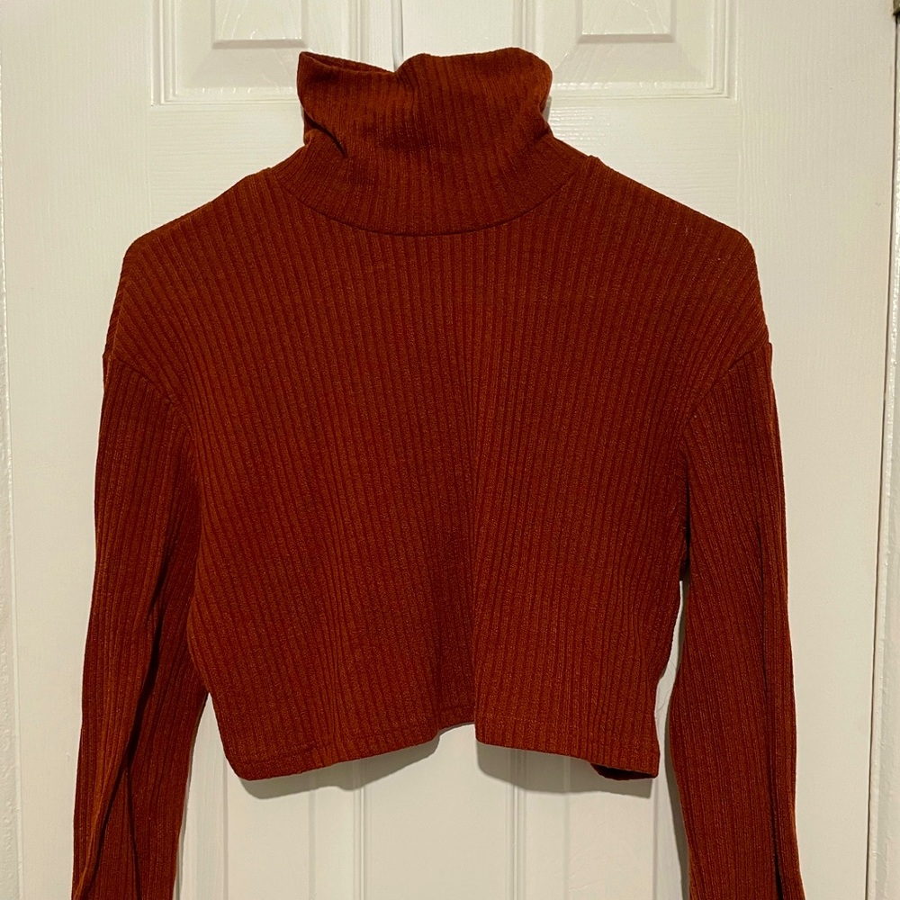 A cropped-ribbed turtleneck sweater🧡